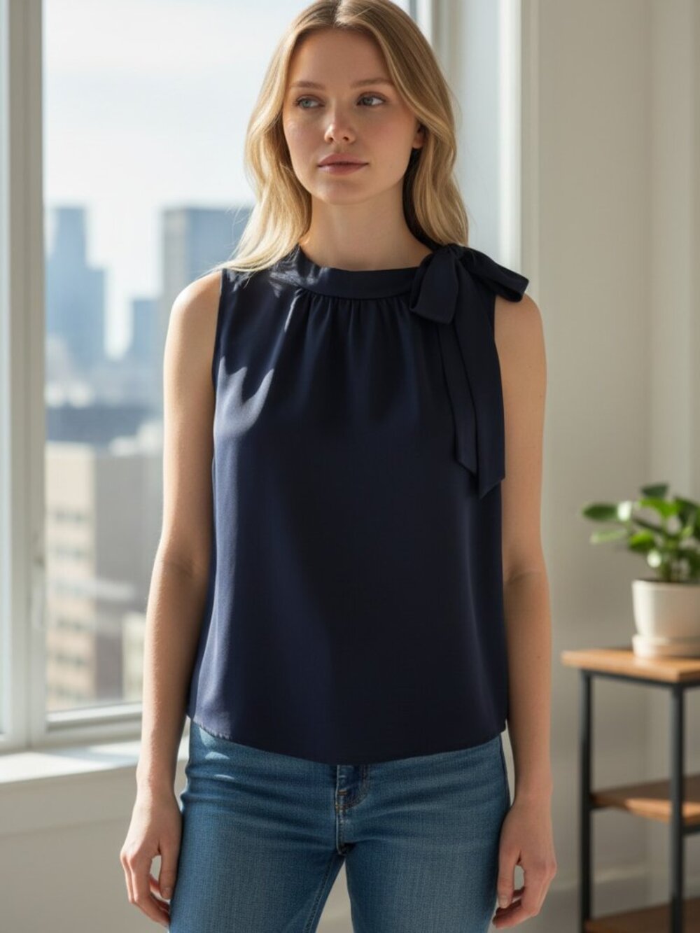 Gap Navy Sleeveless Blouse with Bow Neck Detail